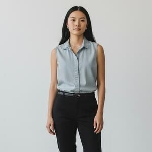 Everlane Blue Chambrey Poplin Sleeveless Button Down Top Minimalist Capsule